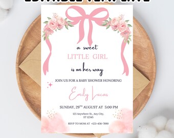 Pink Bow Baby Shower Invitation: Editable Floral Ribbon Design (Digital Download)