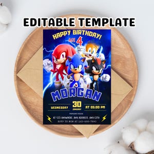 Sonic Birthday Invitation, Editable and Printable, Awesome Sonic Party Invite, Premium Invitations Editable in Canva, Boys & Girls Invite