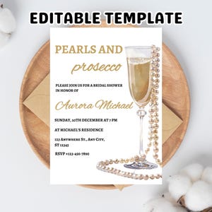 Invitación para despedida de soltera con perlas y prosecco: minimalista, editable (13 x 18 cm, descarga digital, plantilla PDF)