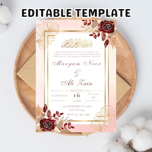 Floral Nikkah Invitation Template: Red Islamic Wedding Card (5x7 in, Digital Download, Canva Edit)