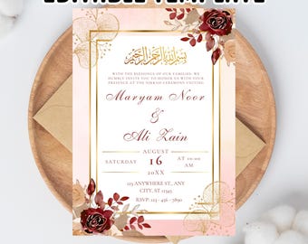 Plantilla de invitación floral para Nikkah: Tarjeta de boda islámica roja (13 x 18 cm, descarga digital, edición en Canva)