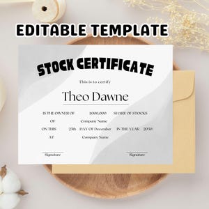 Editable Stock Certificate Template: Printable Share Certificate (11x8.5 in, PDF Download)