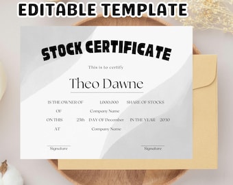 Editable Stock Certificate Template: Printable Share Certificate (11x8.5 in, PDF Download)