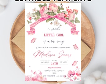 Pink Bow Baby Shower Invitation: Editable Floral Ribbon Design (Digital Download)