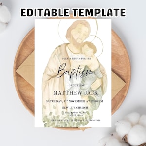 Editable Boy Baptism Invitation, Customizable Religious Card, Editable Jesus With Child Card, Instant Download, Christening Invite