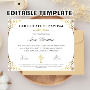Plantilla de certificado de bautismo editable, certificado de bautismo imprimible, certificados de bautismo de bebé personalizados, plantilla de Canva para iglesia