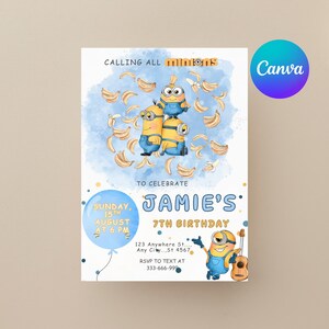 Editable Minion Birthday Invitation: Kids Party Invite (5x7, Digital Download, PDF Template for Canva)