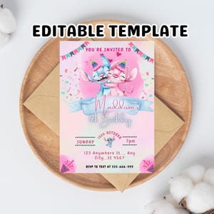Modelo de convite de aniversário editável com Stitch, convites para festa de aniversário para imprimir, convite digital para festa infantil, convite digital para aniversário