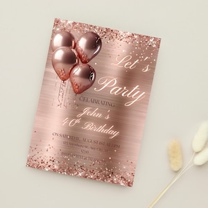 Rose Gold Invitation Template Rose Gold Birthday Invitation 40Th, Rose Gold Birthday Invitation 50Th Editable Invitation, Canva Template