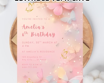Invitación de cumpleaños de mariposa: Hada floral rosa (PDF)