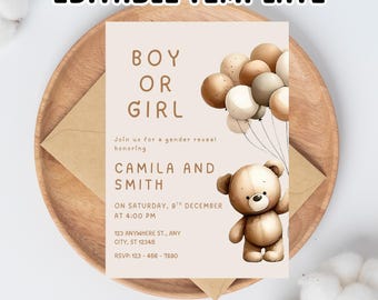 Bear Gender Reveal Invitation Template: Editable Balloons Invite (Digital Download)