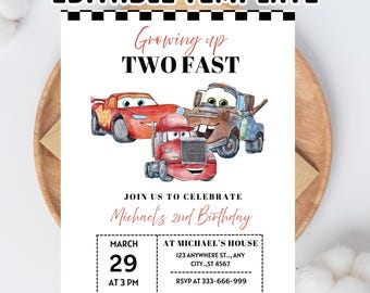 Faire-part d'anniversaire voitures : fête Lightning McQueen, deux rapides (modifiable sur toile)