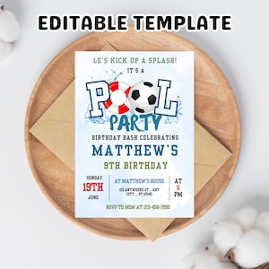 Soccer Pool Birthday Invitation, Editable Soccer Birthday Invitation, Pool Birthday Invitation, Boy Sports Summer Birthday Invite, Canva