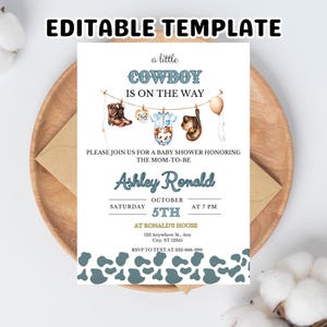 Cowboy Baby Shower Invitation, A Little Cowboy Baby Shower Invite, Wild West Western Party, Boy Blue Outdoors Rodeo Country, Editable Canva