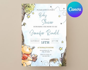 Classic Winnie the Pooh Baby Shower Invitation, Classic Winnie the Pooh Baby Shower Invite, Baby Shower Invitation Neutral, Editable