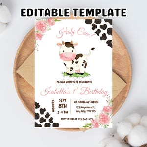 Heilige koe verjaardagsuitnodiging: Cowgirl Party, Pink Girl uitnodigen (direct downloaden, bewerkbare sjabloon)