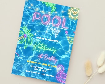 Bearbeitbare Pool-Party-Geburtstags-Einladung, Sommer-Geburtstags-Party einladen, Pool-Party-Einladung, am Pool, Canva-Vorlage, Sofort-Download