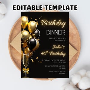 Digital Birthday Dinner Invitation Template, Black Tie Glam Invite, Animated Black Golden Diamond Evite For Men & Women,  Canva Editable,