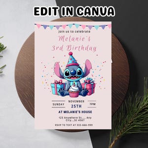 Editable Stitch Birthday Party Invitation Template, Stitch Bday evite , Cartoon Birthday Invitation, Stitch Birthday Party Invitation