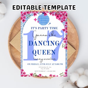 Dancing Queen 17 Mamma Mia | 17th Birthday Party Invitation | Canva Template | Fully Editable Printable or Digital Invite | Personalized