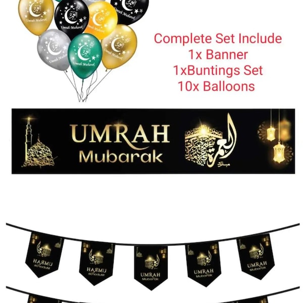 Ensemble de bannières noires Umrah Mubarak flambant neuves, fanions de ballons en latex et de ballons en aluminium, tenture murale décorative 2023