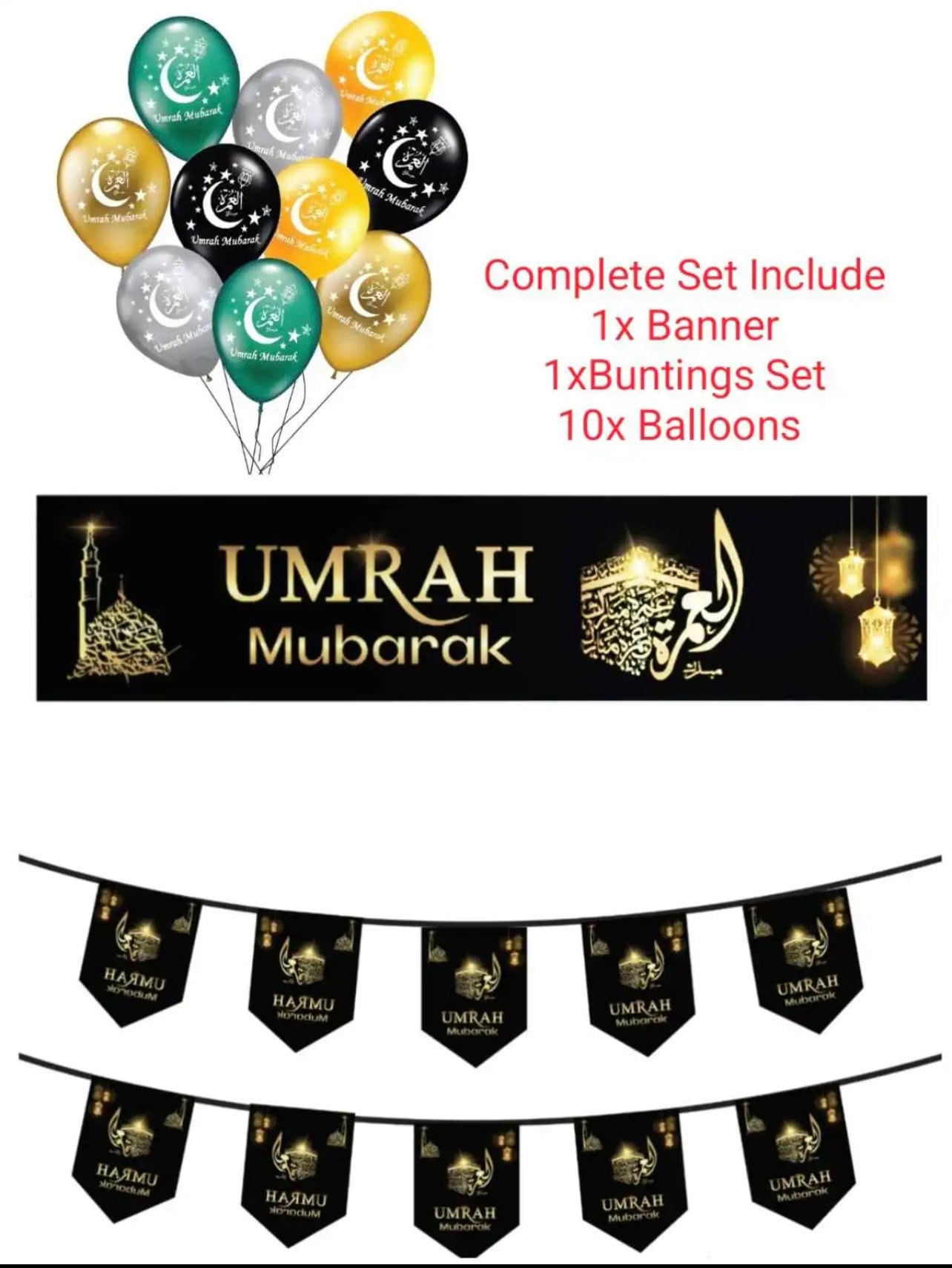 Pack of 6 Umrah Mubarak White, Gold & Black Balloons – Silverlight Gifts &  Decor