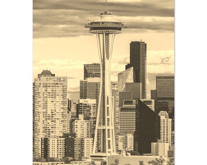 Vintage Seattle Town Washington Travel Poster Print Wall Art | Retro Seattle Home Decor | Seattle Tower Print Vertical | Seattle Sepia Photo