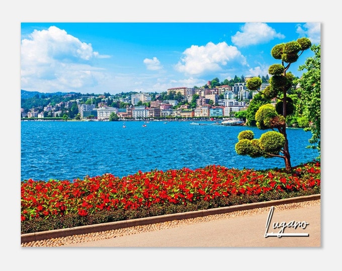 Lugano Switzerland Travel Poster Wall Art | Lugano Seaside Home Decor | Lugano Park Flower Print | Lugano Horizontal | Lugano Hanging Photo