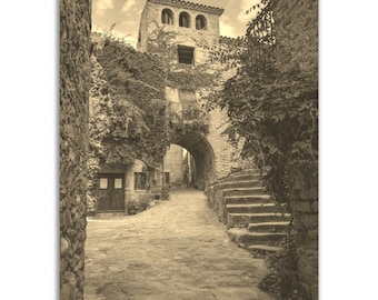 Vintage Girona Spain Print: Sepia Travel Poster, Spanish Wall Art