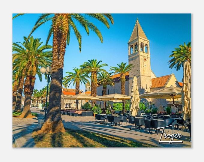Trogir Croatia Travel Poster Wall Art | Trogir Palm Trees Home Decor | Trogir Digital Print | Trogir Cozy Street Cafe | Trogir Hanging Photo
