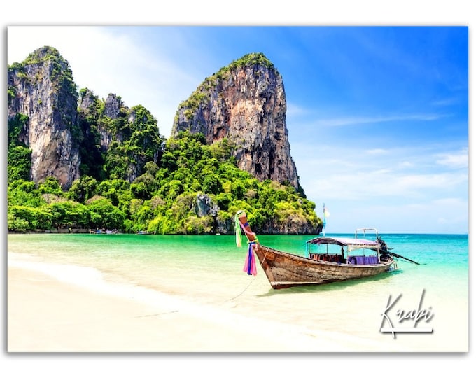 Krabi Poster Print Thailand Wall Art | Krabi Photo Thai Coast Home Decoration | Boat Beach Krabi Travel Gift | Krabi Horizontal Photography