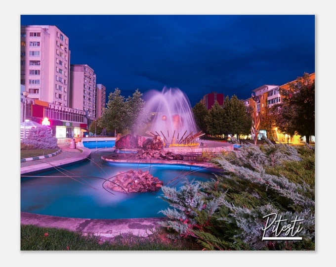 Pitesti Romania Print Wall Art | Pitesti City Night Light Home Decor | Pitesti Fountain Horizontal | Pitesti Hangings Travel Photo Present