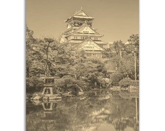 Vintage Osaka Castle Poster: Sepia Japanese Temple Print