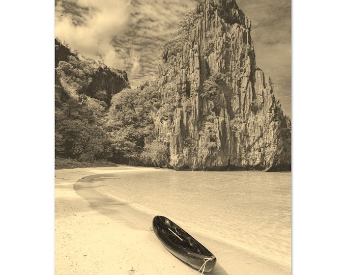 Vintage Palawan Coast Philippines Travel Poster Print Wall Art | Retro Palawan Rocks Home Decor Print  | Palawan Boat Seascape Sepia Photo
