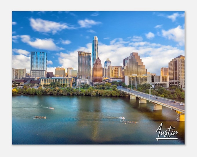 Austin Texas Skyline Poster Print Wall Art | Austin Sunset Cityscape Home Decor Gift Prints Collectibles | Austin TX Horizontal Travel Photo