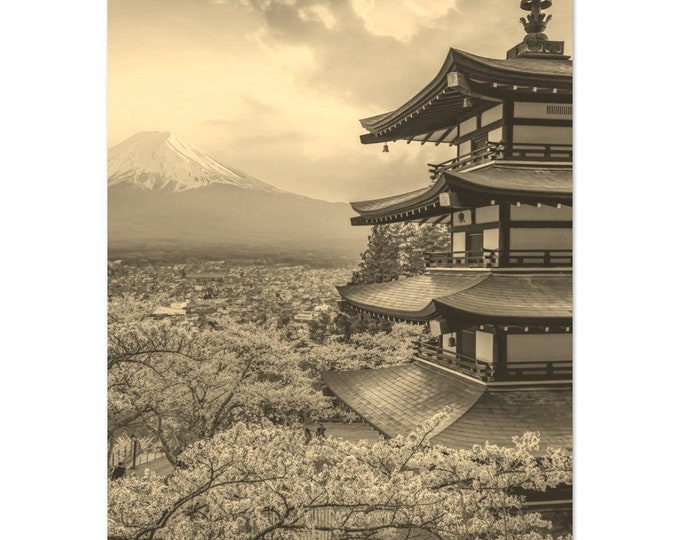 Vintage Tokyo Japan Travel Poster Print Wall Art | Retro Tokyo Cherry Home Decor | Tokyo Mountain Print Vertical | Tokyo City Sepia Photo