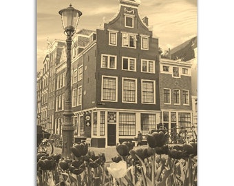 Vintage Amsterdam Poster: Sepia Tulips & Old Town Netherlands Print