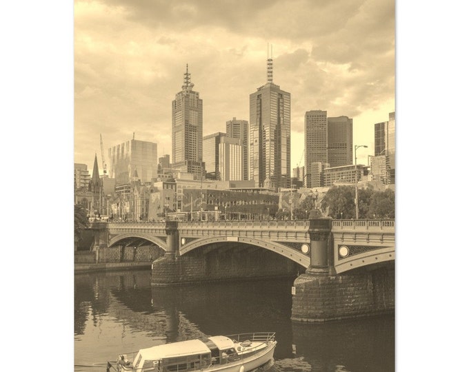 Vintage Melbourne Australia Travel Poster Print Wall Art | Retro Coast Melbourne Home Decor | Vertical Melbourne Skyscrapers Sepia Photo