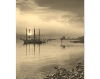 Vintage Bar Harbor Maine Print: Sepia Coastal Boat Photo
