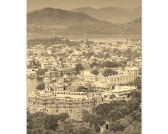 Vintage Udaipur India Travel Poster: Sepia City of Lakes Wall Art