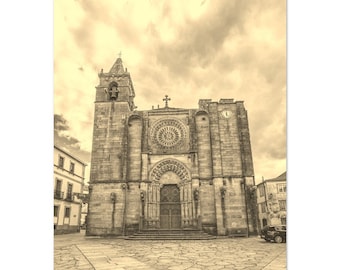 Vintage Galicia Cathedral Poster: Sepia Travel Photo Art