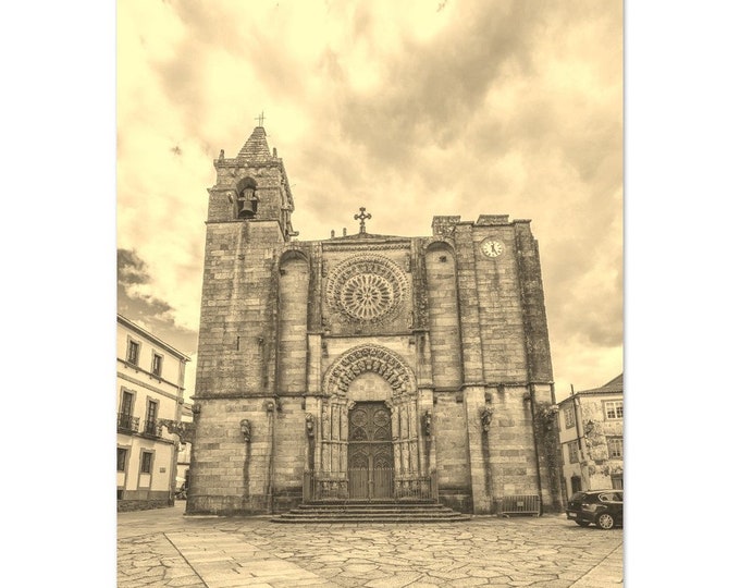Vintage Galicia Spain Poster | Retro Galicia Cathedral Sepia Print | Galicia Church Wall Art Home Decor | Vertical Galicia Travel Photo Art