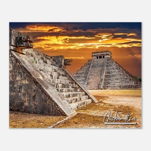 Chichen Itza Mexico Travel Poster Wall Art | Chichen Itza Home Decor | Chichen Itza Print | Maya Pyramid and Jaguar Temple Horizontal Photo