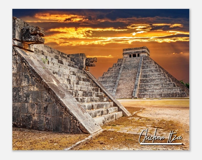 Chichen Itza Mexico Travel Poster Wall Art | Chichen Itza Home Decor | Chichen Itza Print | Maya Pyramid and Jaguar Temple Horizontal Photo