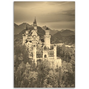 Bavaria Poster Vintage Germany Print | Bavaria Neuschwanstein Castle Sepia Photo Gift | Bavaria Wall Art Home Decor Vertical Travel Souvenir