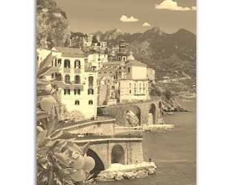 Vintage Amalfi Coast Italy Poster Print | Retro Coast Sea Black White Sepia Photo Gift | Wall Art Home Decor | Vertical Travel City Poster