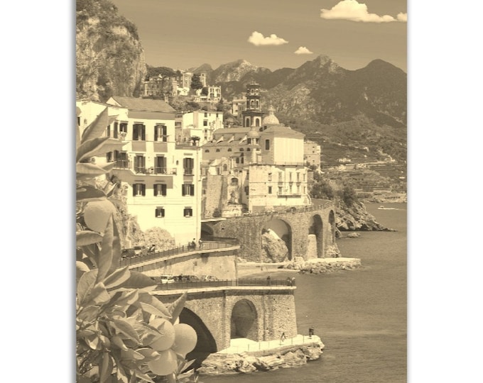 Vintage Amalfi Coast Italy Poster Print | Retro Coast Sea Black White Sepia Photo Gift | Wall Art Home Decor | Vertical Travel City Poster