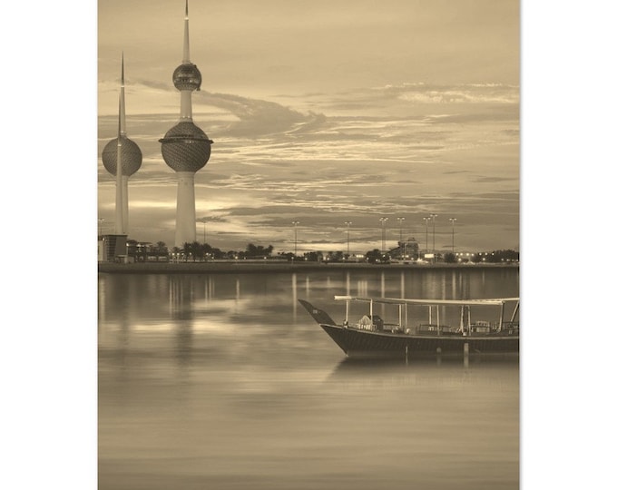 Vintage Kuwait Coast Travel Poster Print Wall Art | Retro Kuwait Towers Home Decor | Kuwait Seascape Print Vertical | Kuwait Sepia Photo