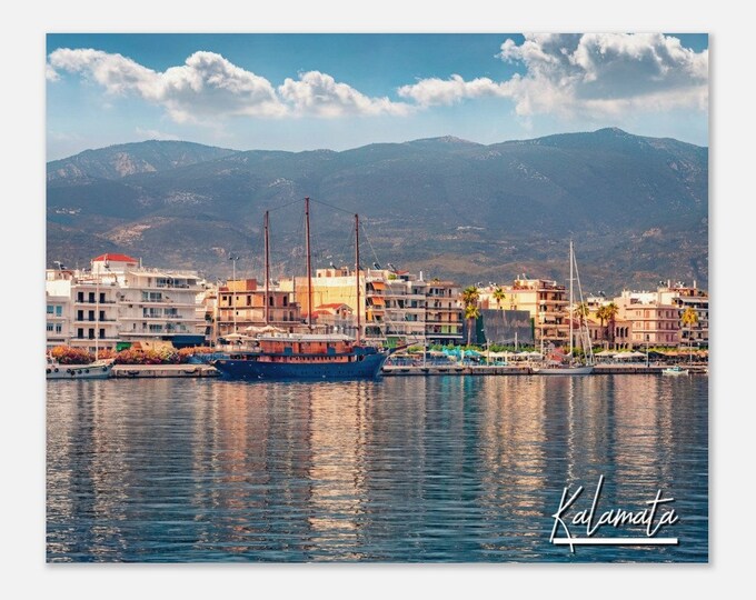 Kalamata Greece Travel Poster Wall Art | Kalamata Port Skyline Home Decor | Kalamata Old Wooden Sailboat Print Horizontal | Kalamata Photo