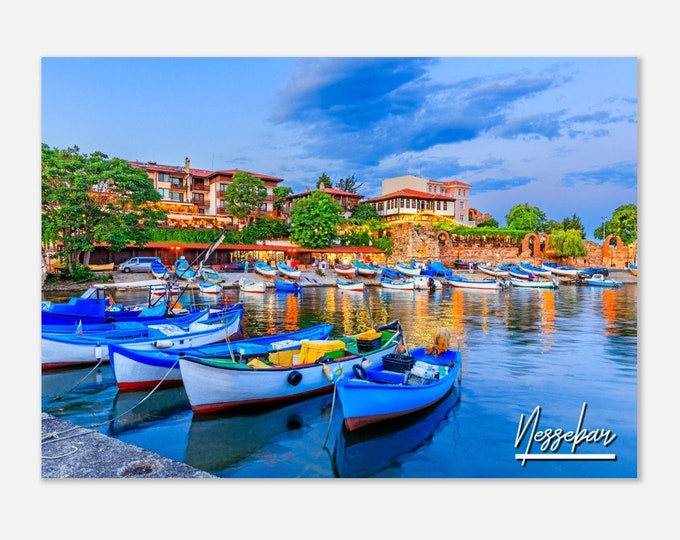 Nessebar Bulgaria Travel Poster Print Wall Art | Nessebar Home Decor Fishing Harbor Print Horizontal | Nessebar Boats Town Colorful Photo